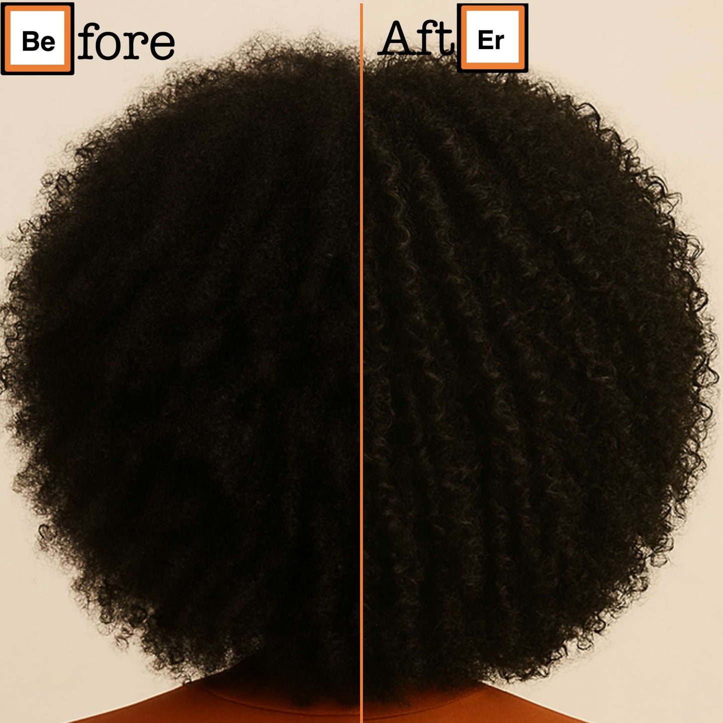 Before and after comparison of textured hair on a plain background