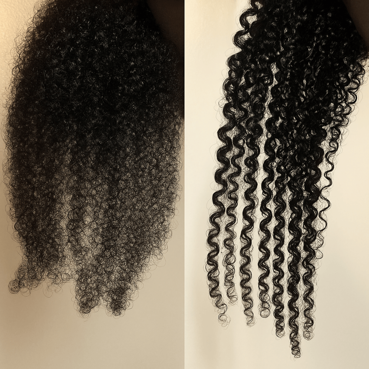 Two types of hair extensions, one curly and one straight, on a beige background.