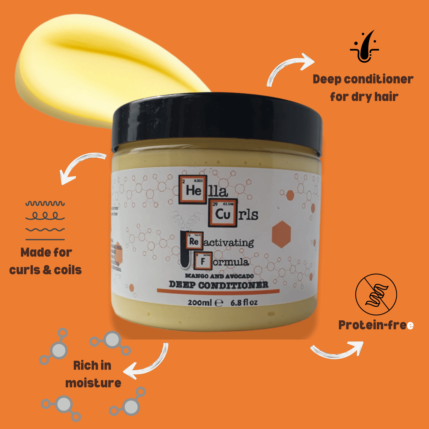 Hella Curls deep conditioner jar with text on an orange background