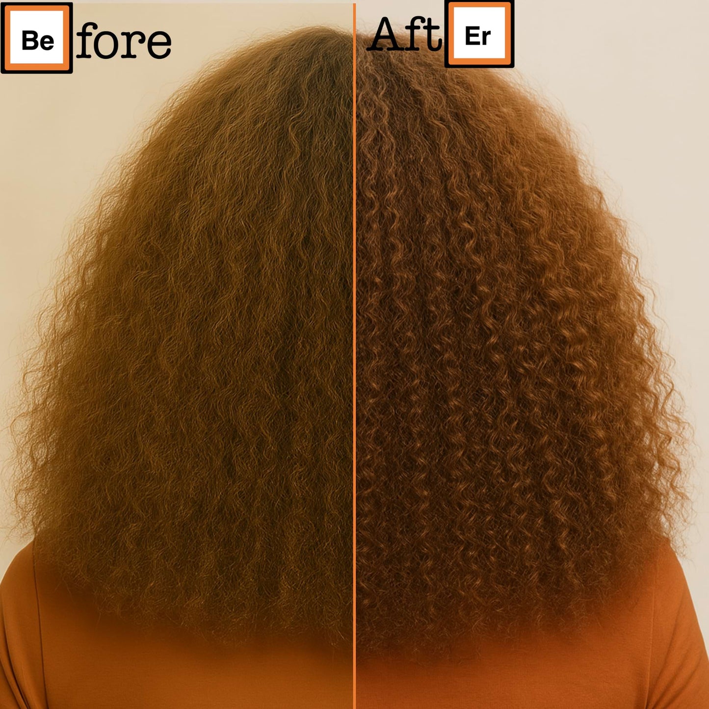 Frizzy to defined curls shown from the back.