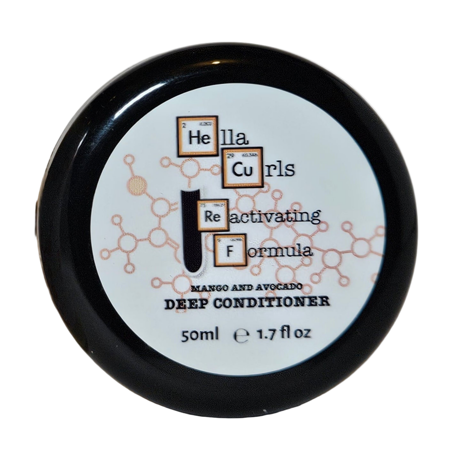 Hella Curls deep conditioner container with black lid on a white background