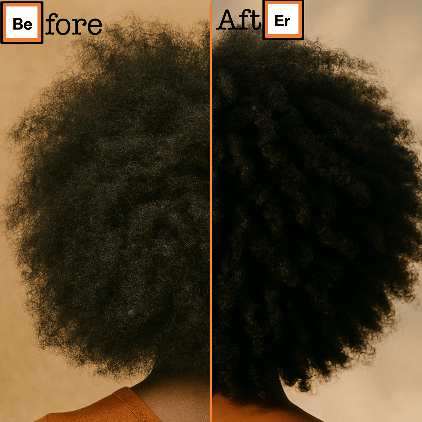Before and after comparison of textured hair on a person with a neutral background.