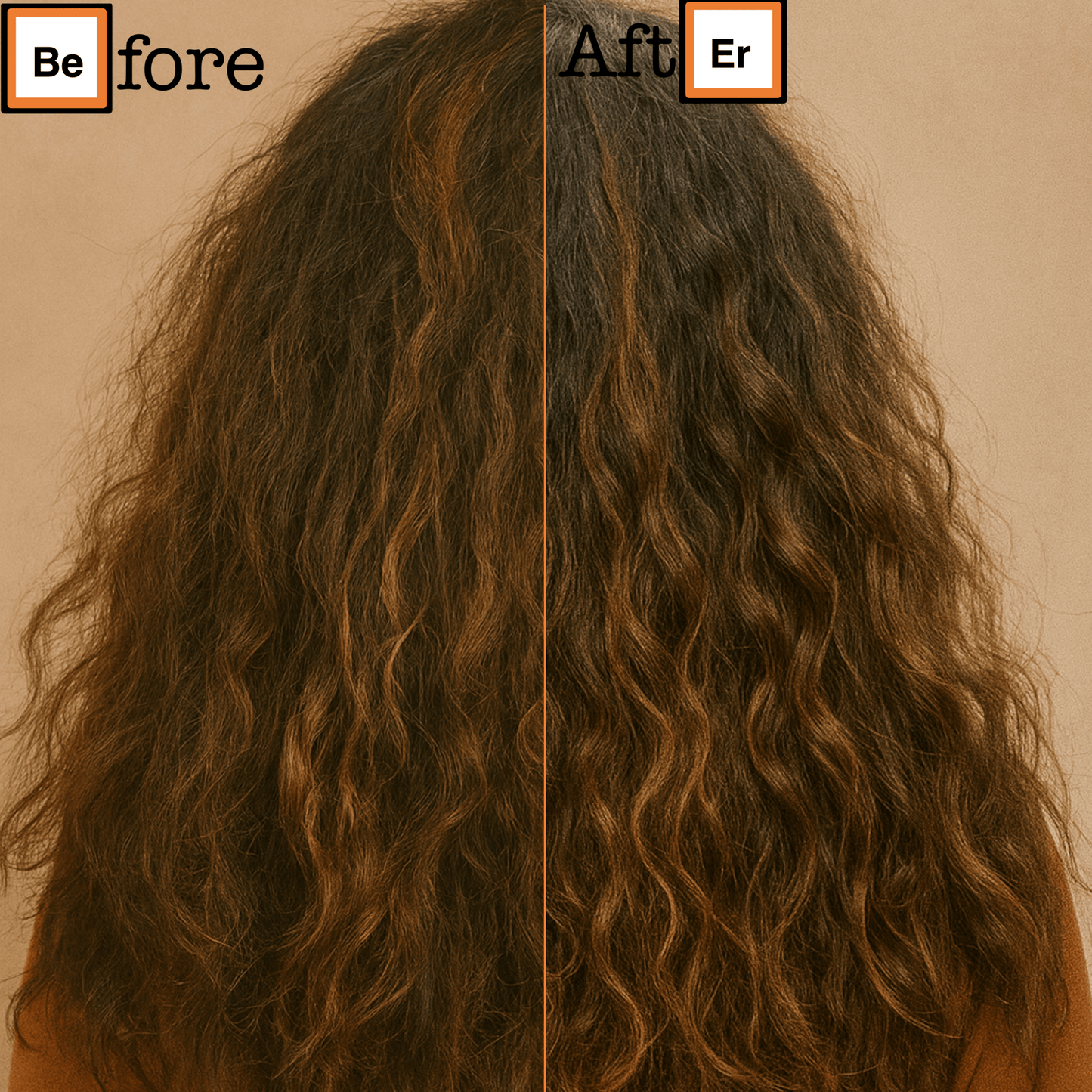 Before and after comparison of wavy hair on a plain background