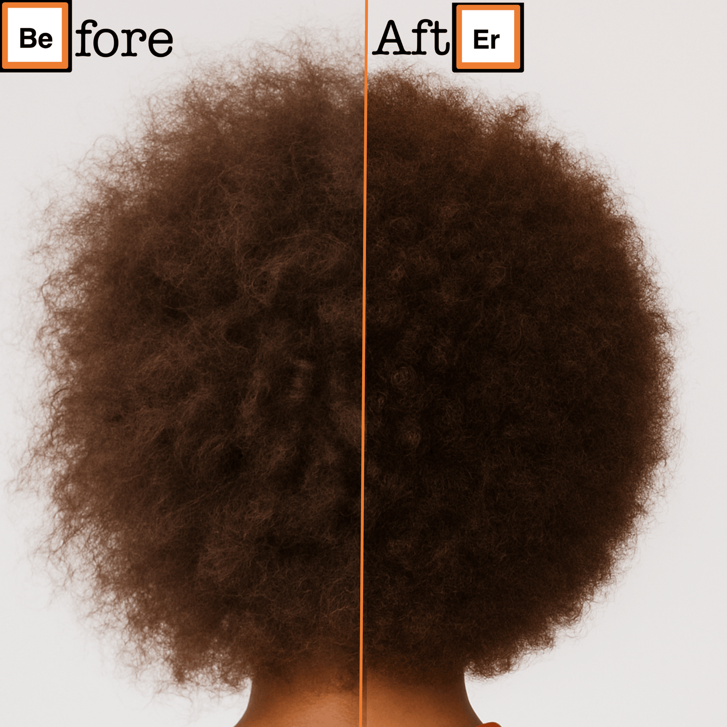 Before and after comparison of a person's hair with a clear background