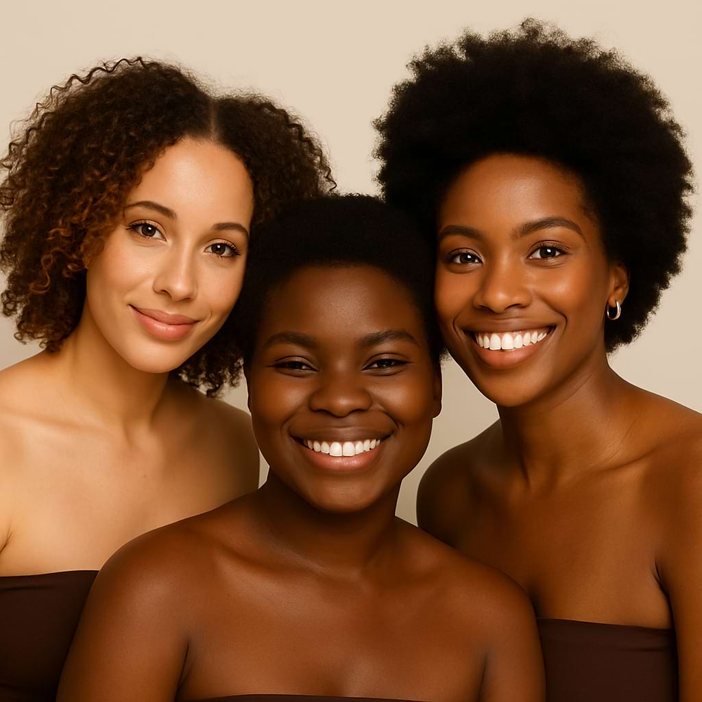 Three women with different skin tones smiling against a beige background