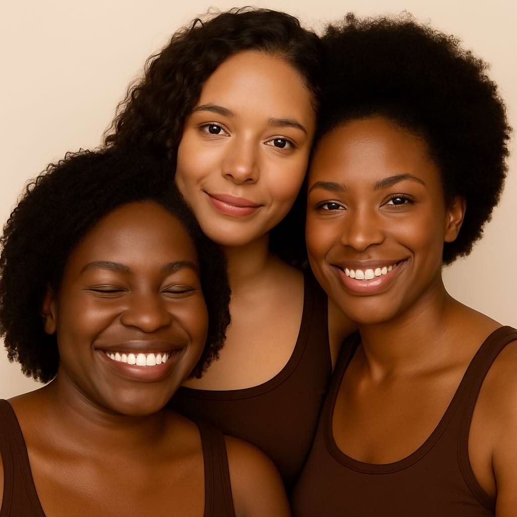 Three women with dark skin tones smiling against a beige background