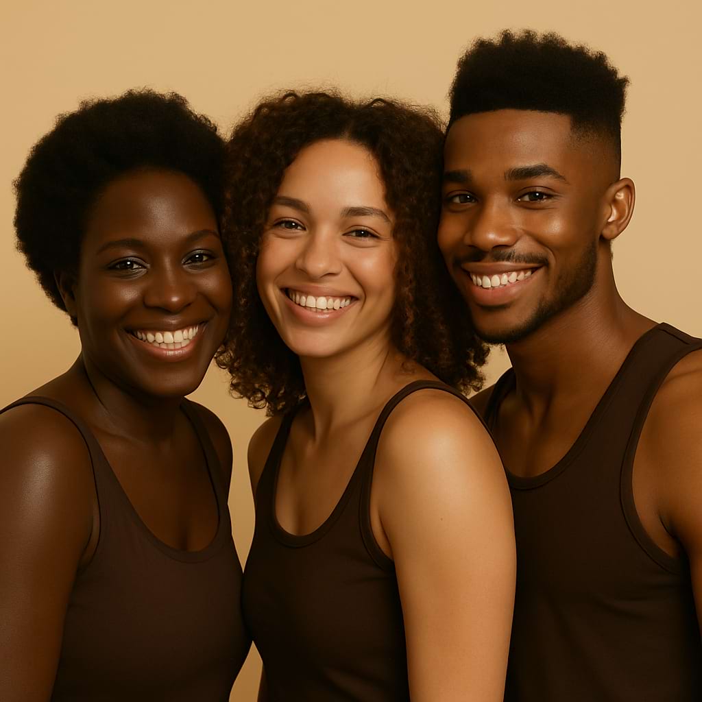 Three people smiling together against a beige background