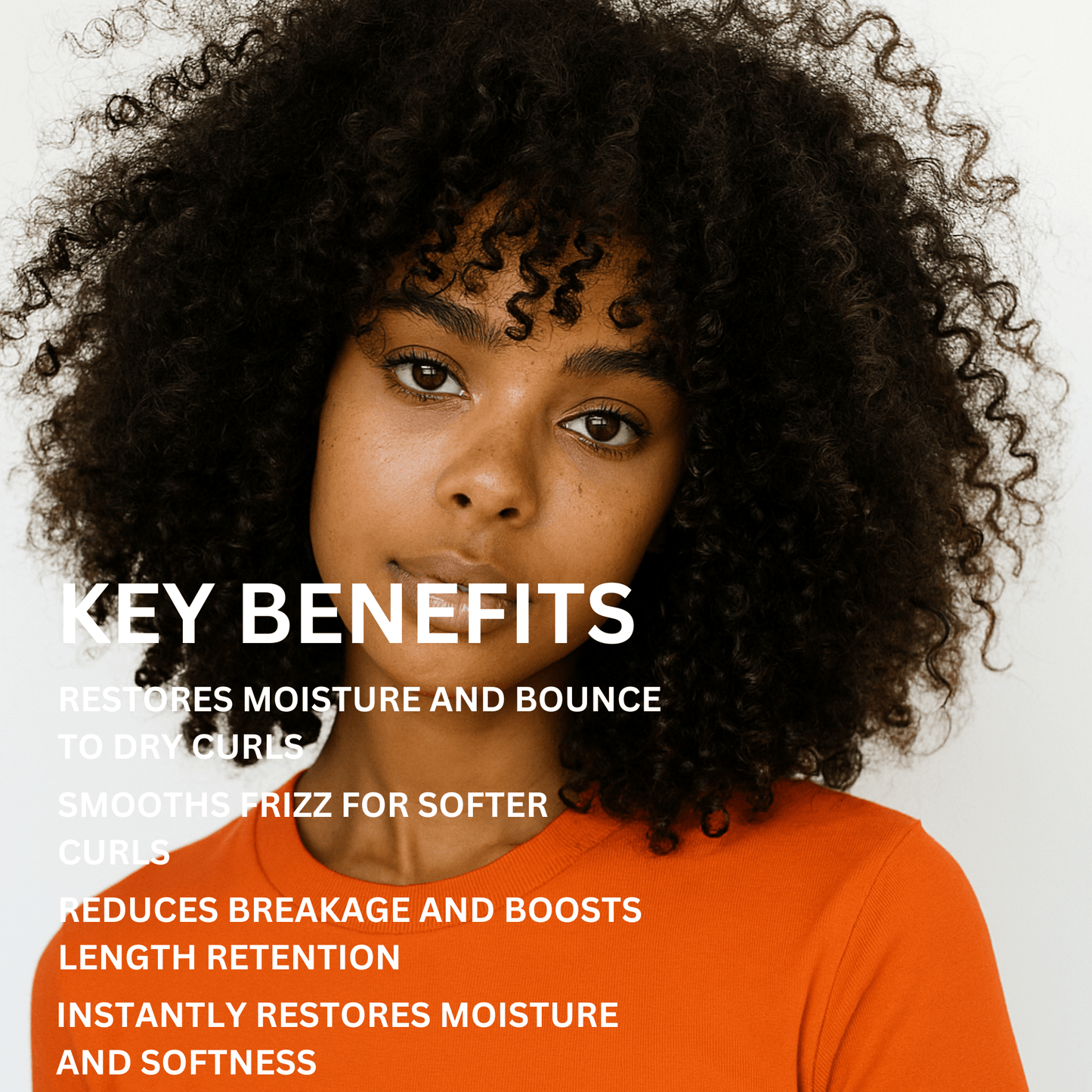 Woman with curly hair wearing an orange shirt, with text about hair product benefits.