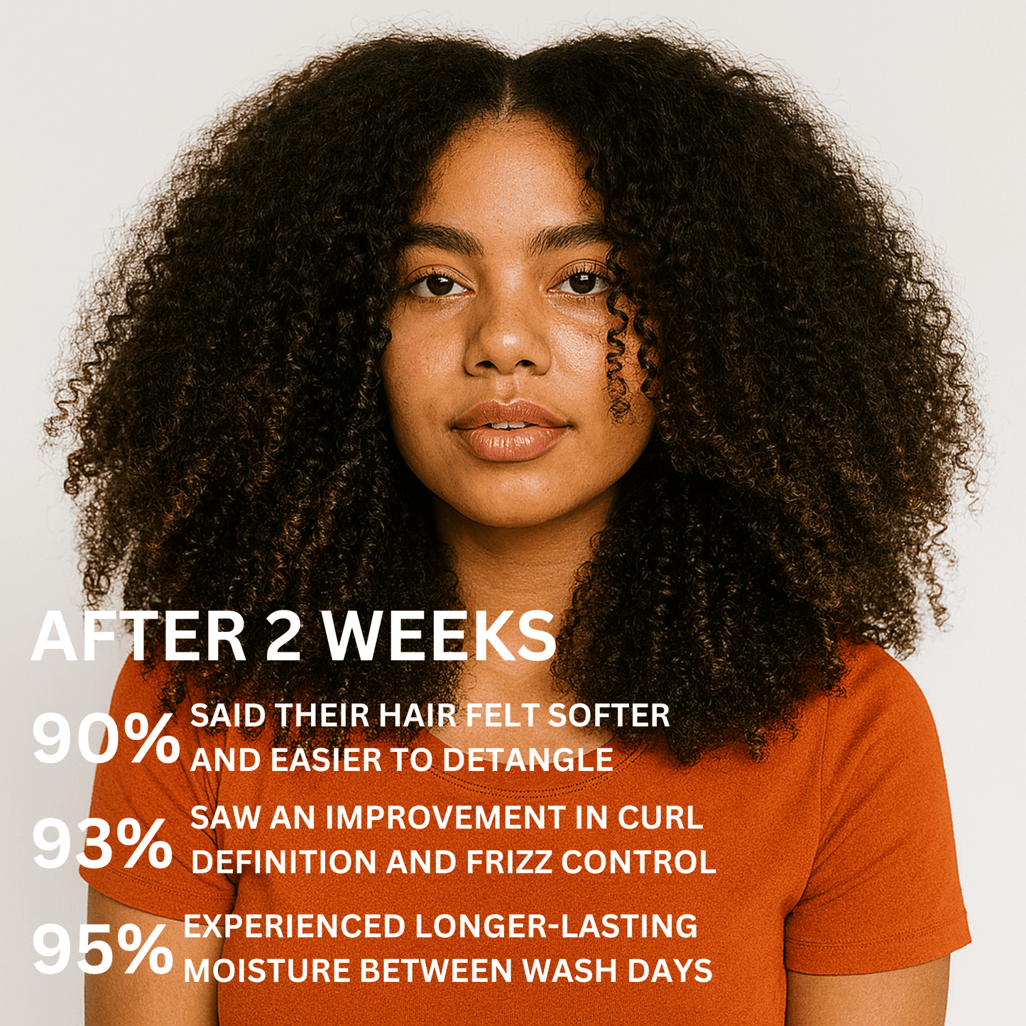 Woman with curly hair wearing an orange shirt, with text about hair product results.