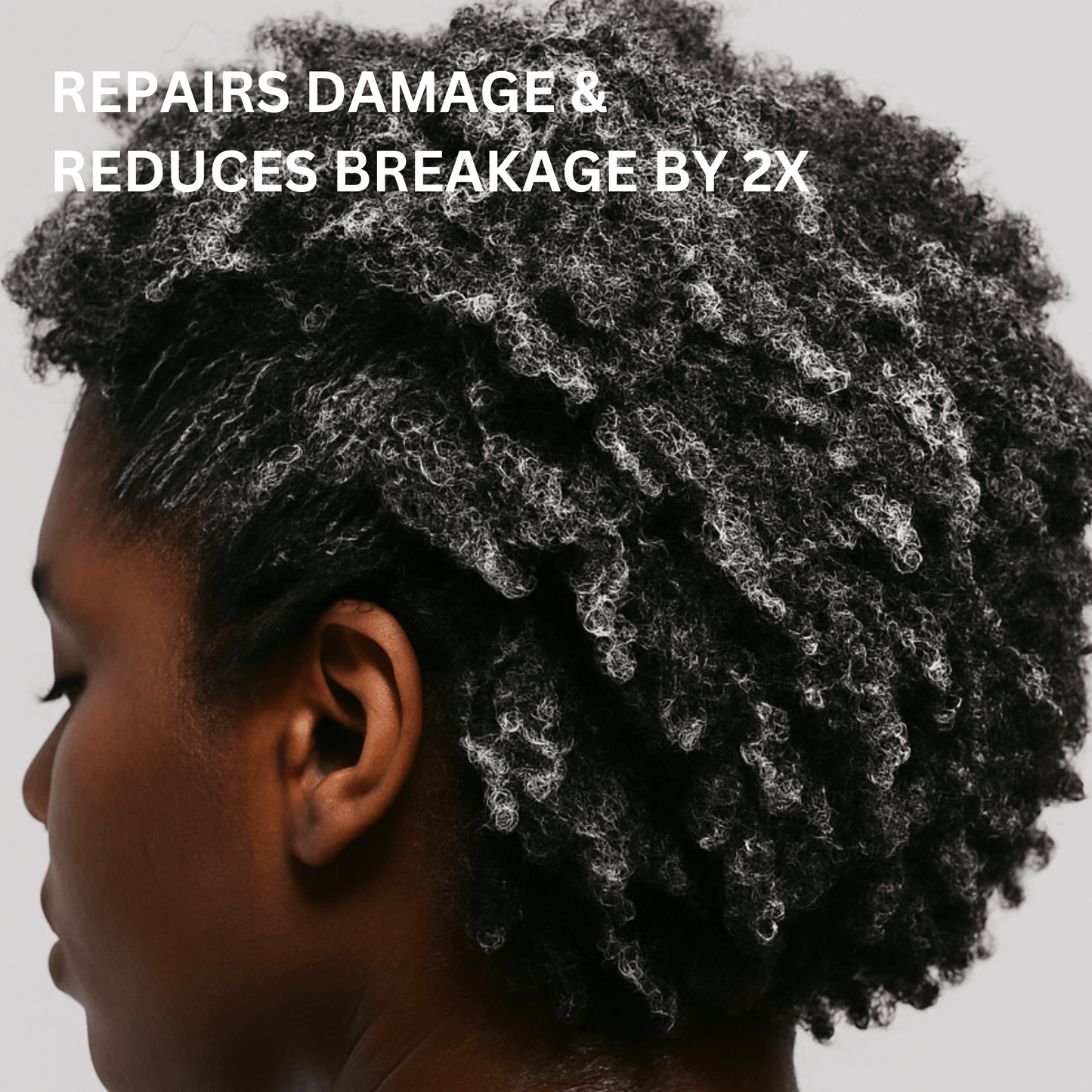 Woman with textured hair, promotional text about hair care product benefits.