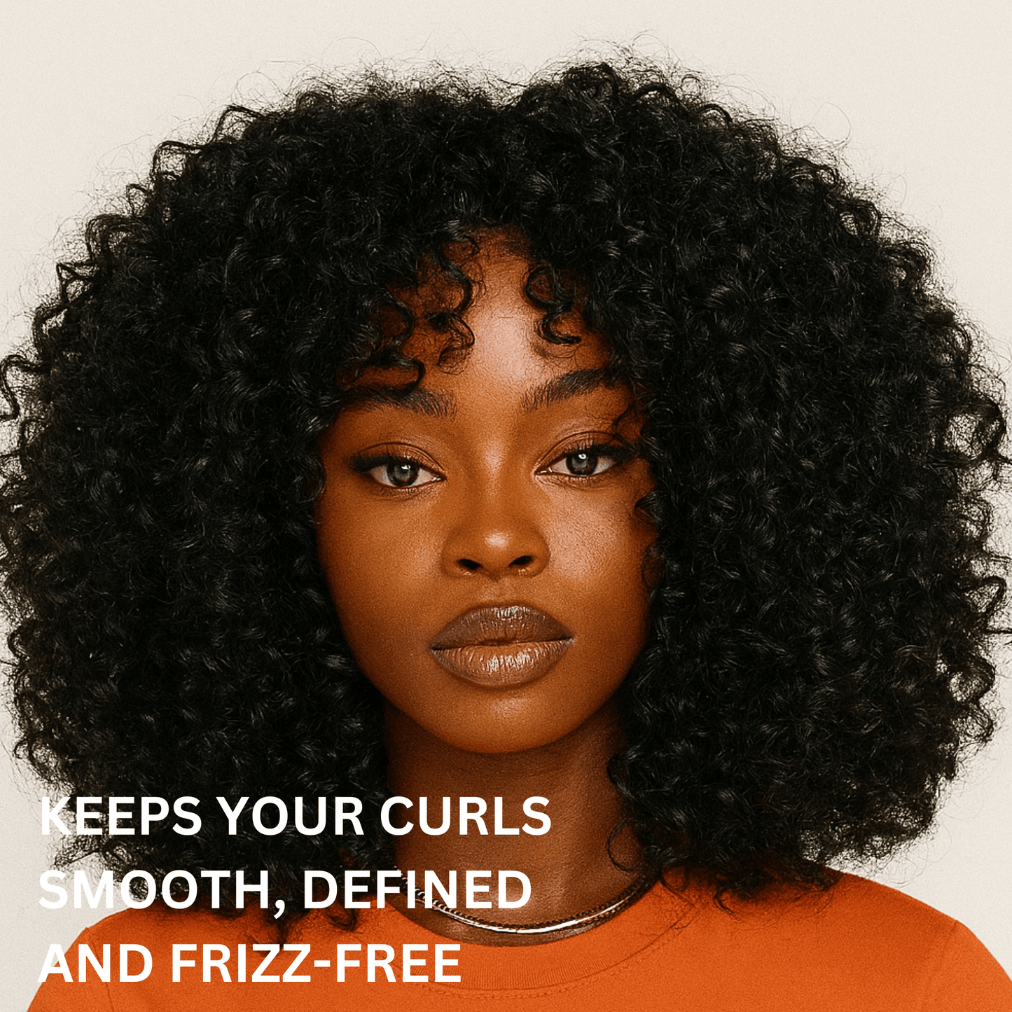 Woman with curly hair wearing an orange shirt against a beige background