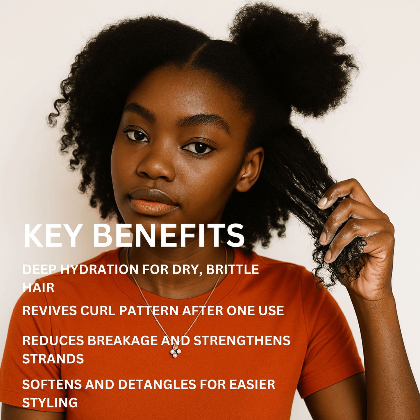 Woman with styled hair holding a section of her hair, with text listing key benefits on a beige background.