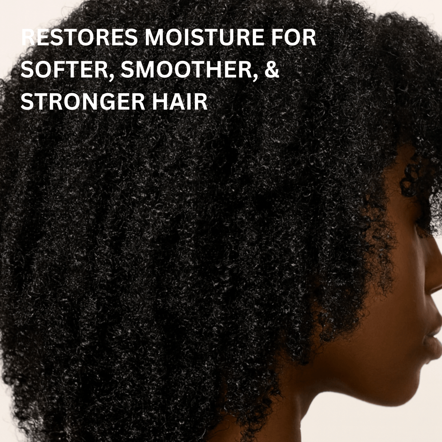 Close-up of a person with textured hair, with text about hair care benefits.