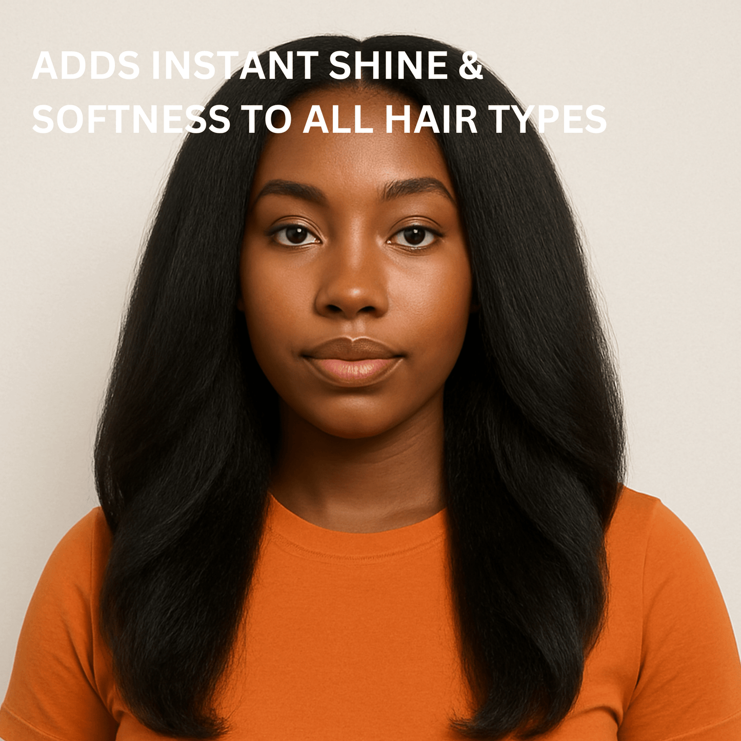 Woman with long, straight black hair wearing an orange shirt against a beige background