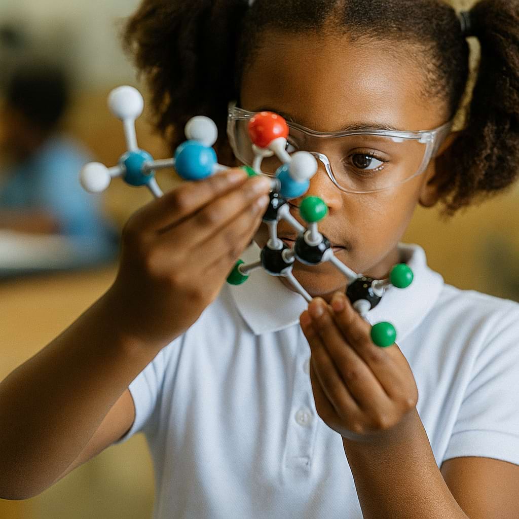 Girl examining a molecular model.