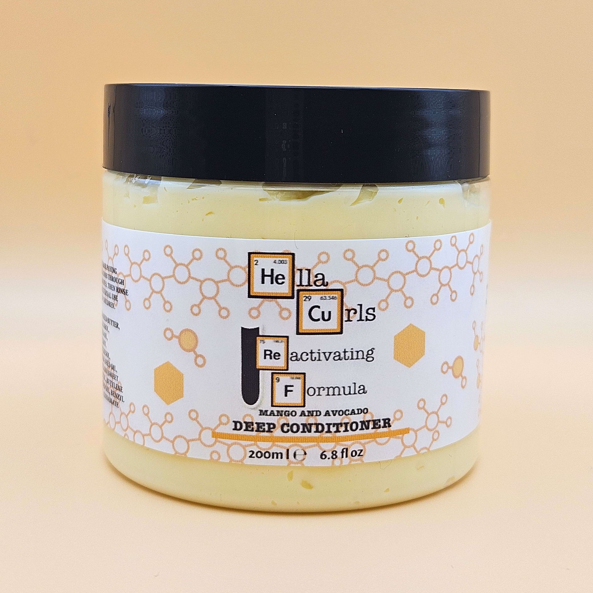 Jar of Hella Curls deep conditioner on a beige background