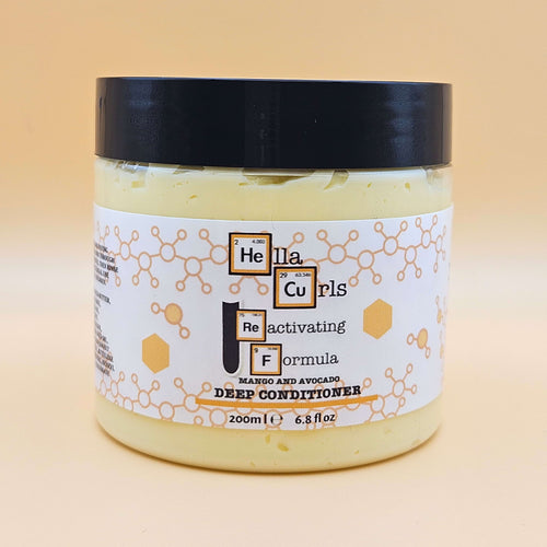 Jar of Hella Curls deep conditioner on a beige background
