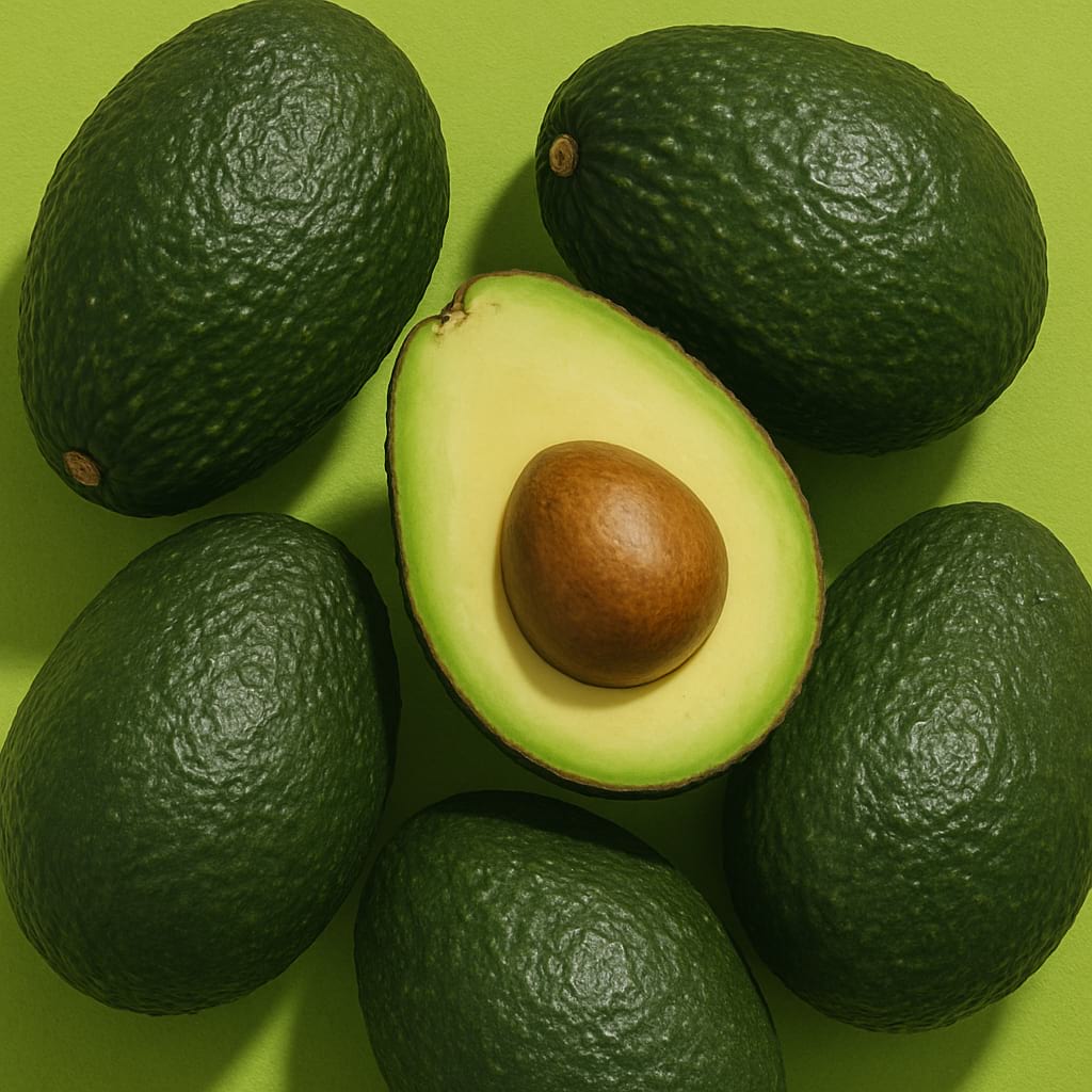 Avocados on a green background with one cut in half