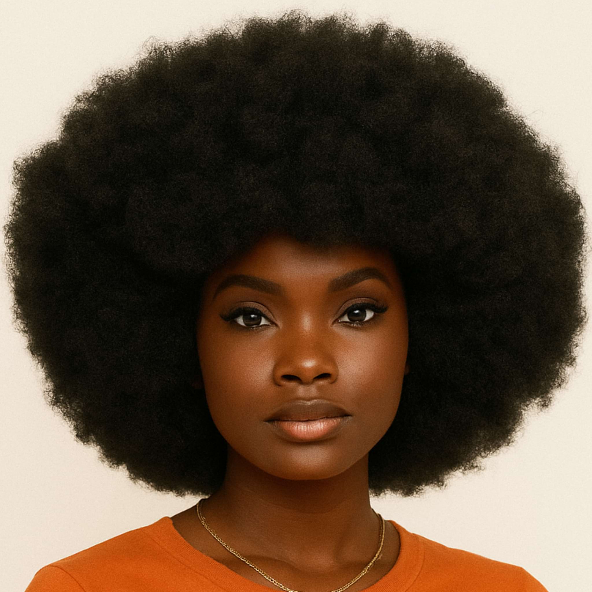 Woman with a large afro wearing an orange shirt against a beige background