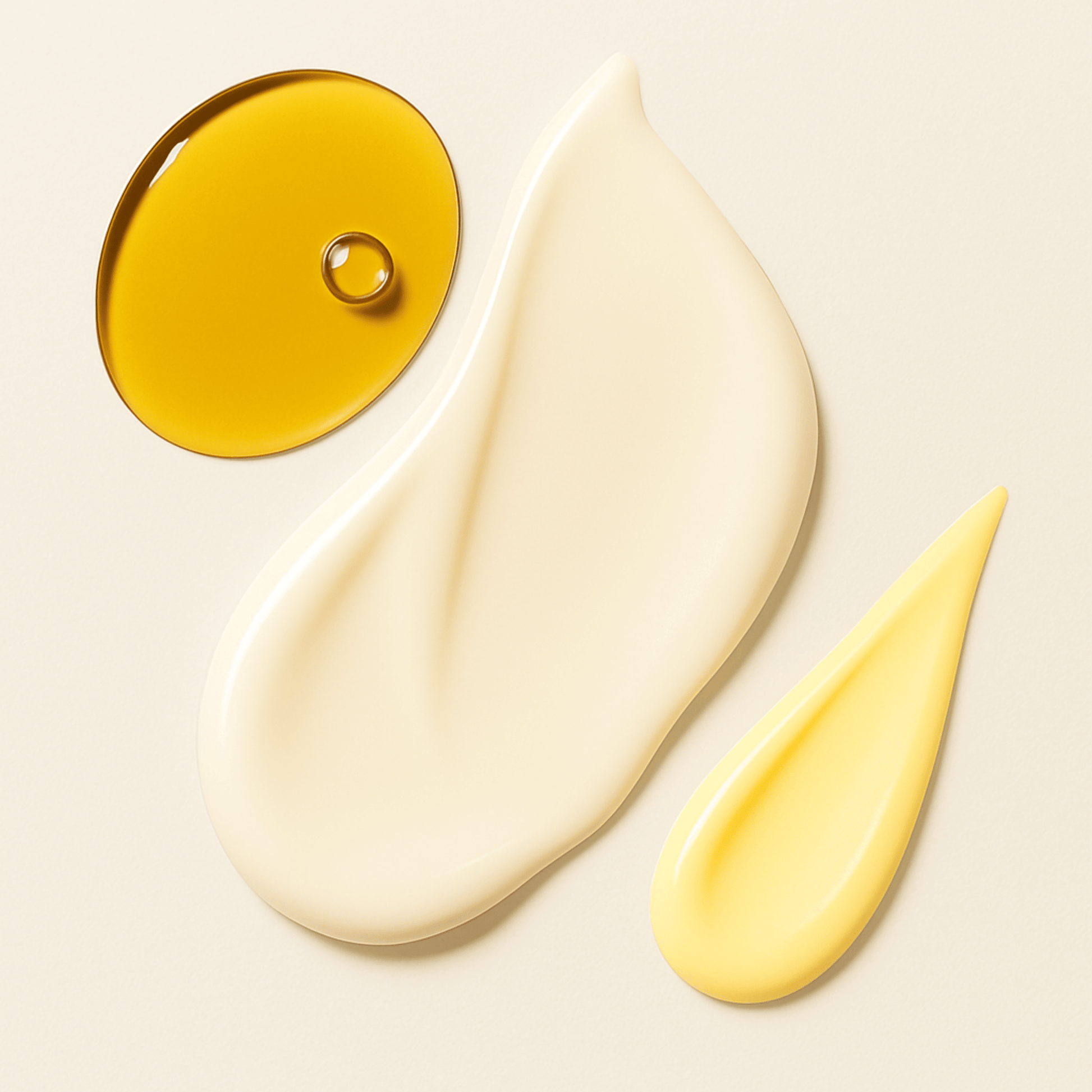 Cream, oil, and butter texture swatches on a light background.