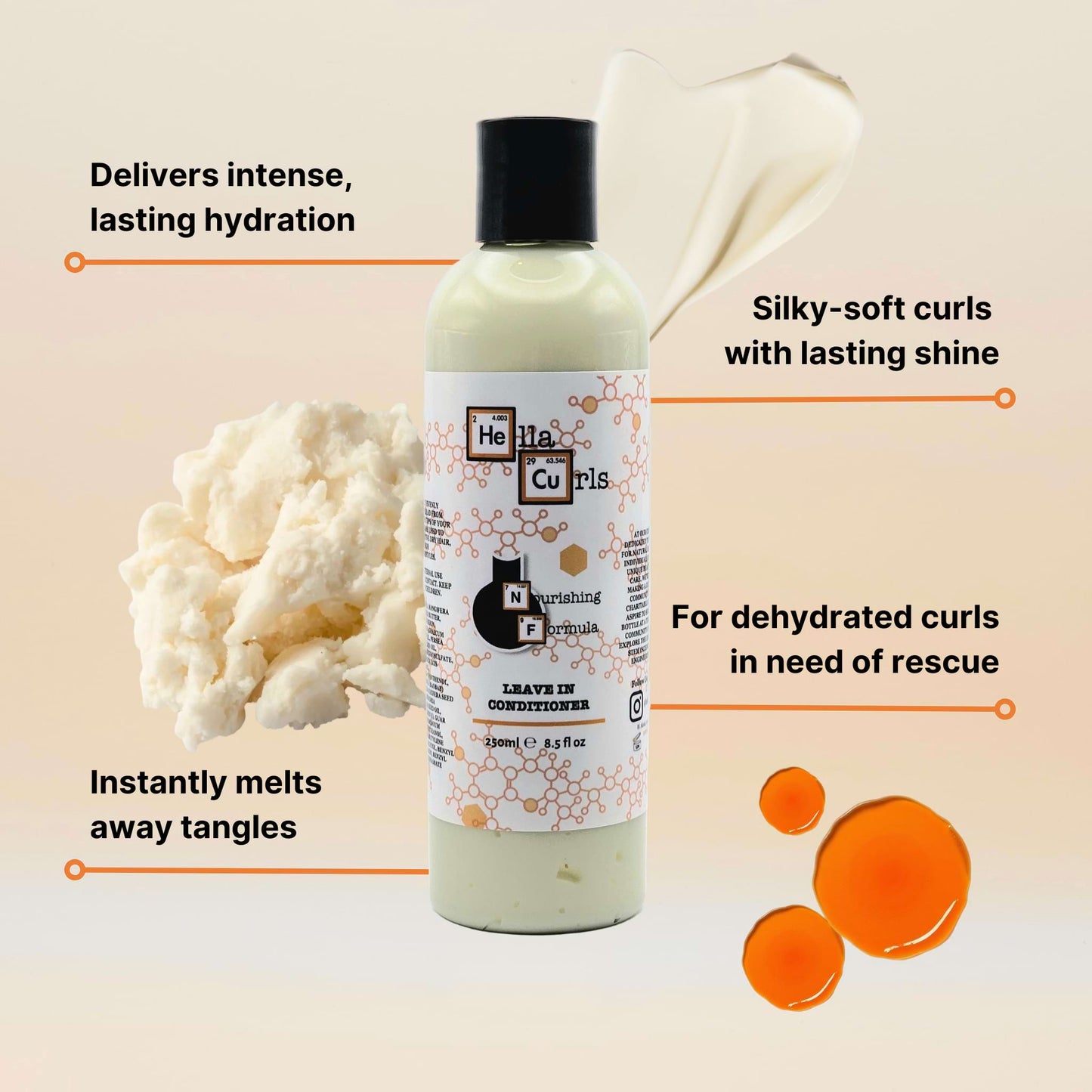 Leave-in conditioner bottle with text highlighting its benefits on a beige background