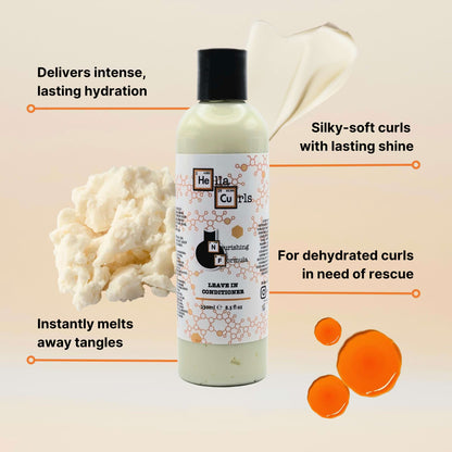 Leave-in conditioner bottle with text highlighting its benefits on a beige background