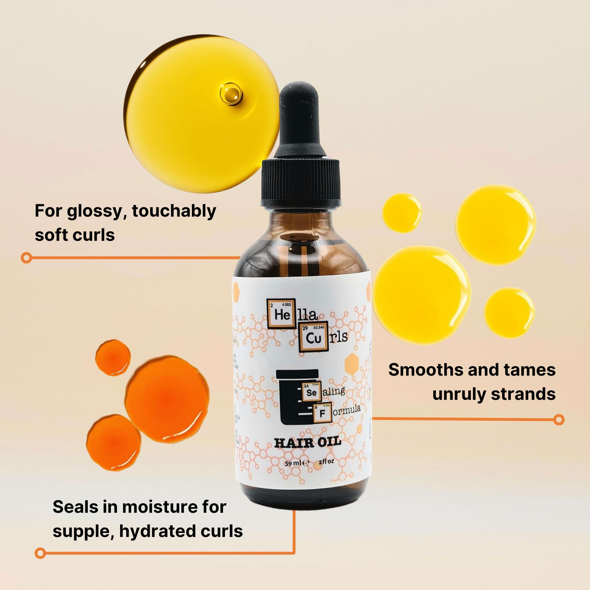 Hair oil bottle with dropper on a beige background with text about hair care benefits