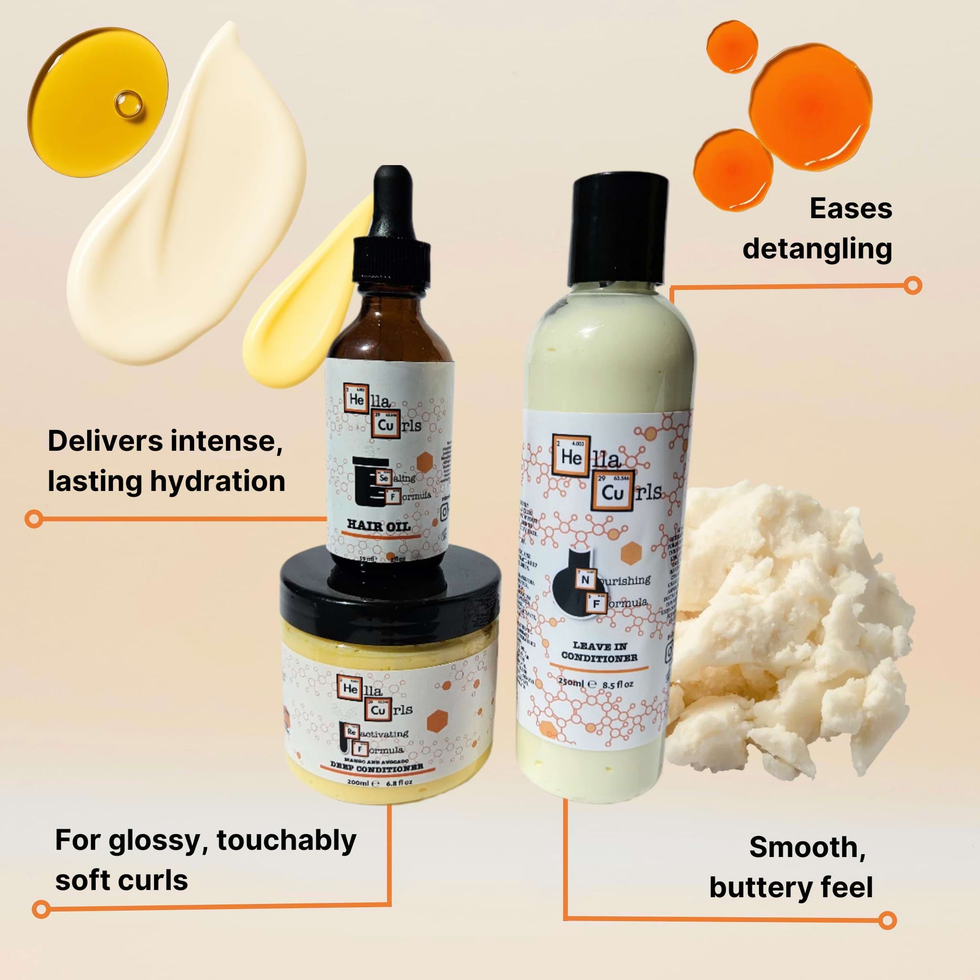 Set of hair care products with text describing their benefits on a beige background