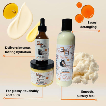 Set of hair care products with text describing their benefits on a beige background