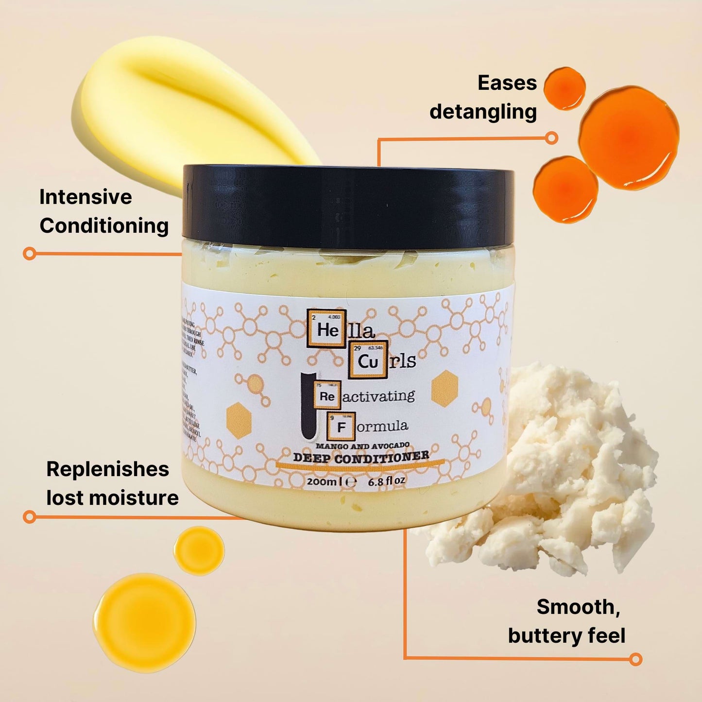 Jar of hair product with text highlighting features on a beige background