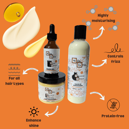 Hair care product set with bottles and jar on an orange background, featuring text about product benefits.