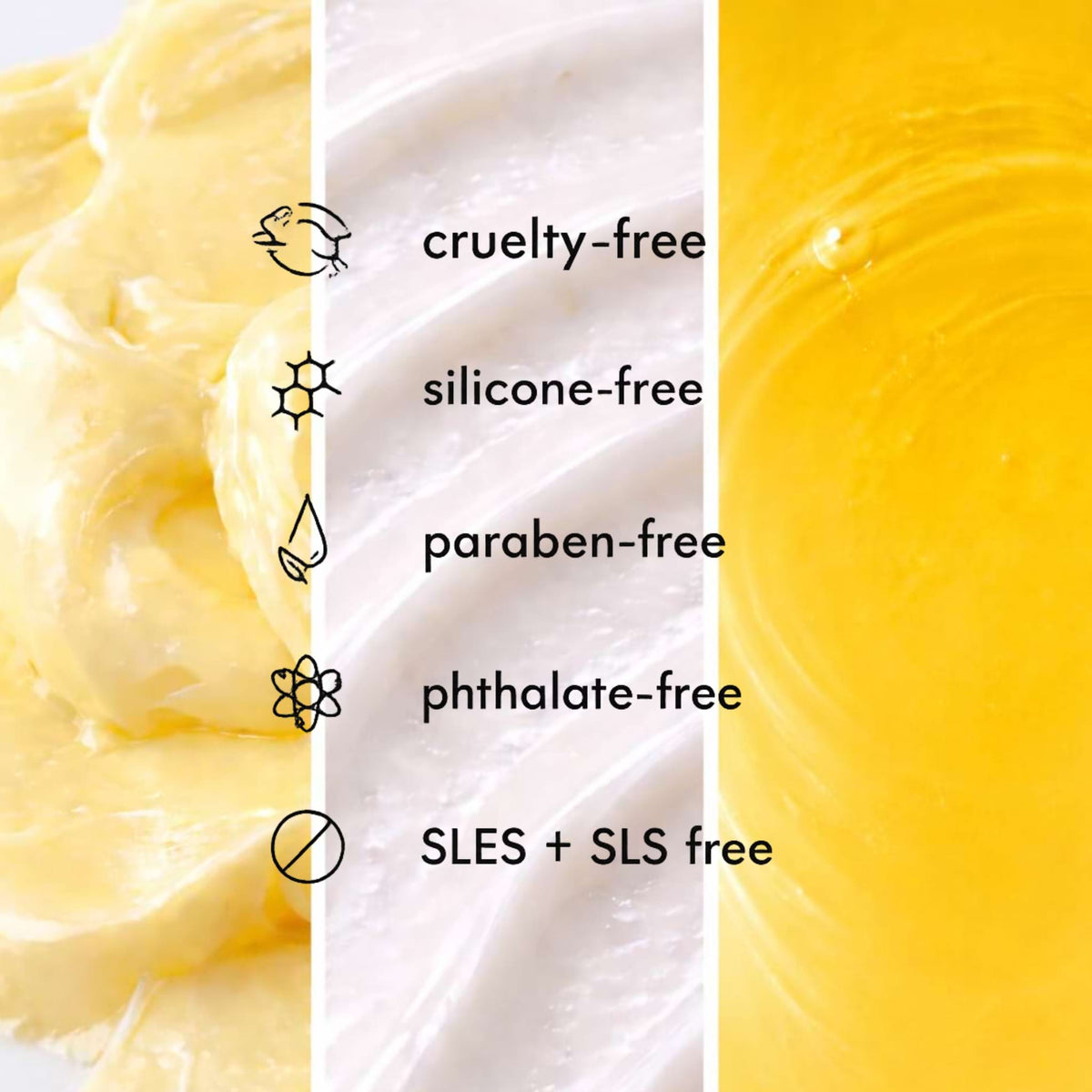 Close-up of cream with 'cruelty-free', 'silicone-free', 'paraben-free', 'phthalate-free', and 'SLES + SLS free' labels.