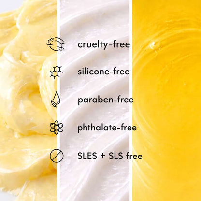 Close-up of cream with 'cruelty-free', 'silicone-free', 'paraben-free', 'phthalate-free', and 'SLES + SLS free' labels.