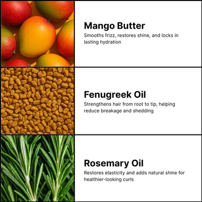 Mango butter, fenugreek oil, and rosemary oil with their respective benefits on a white background.