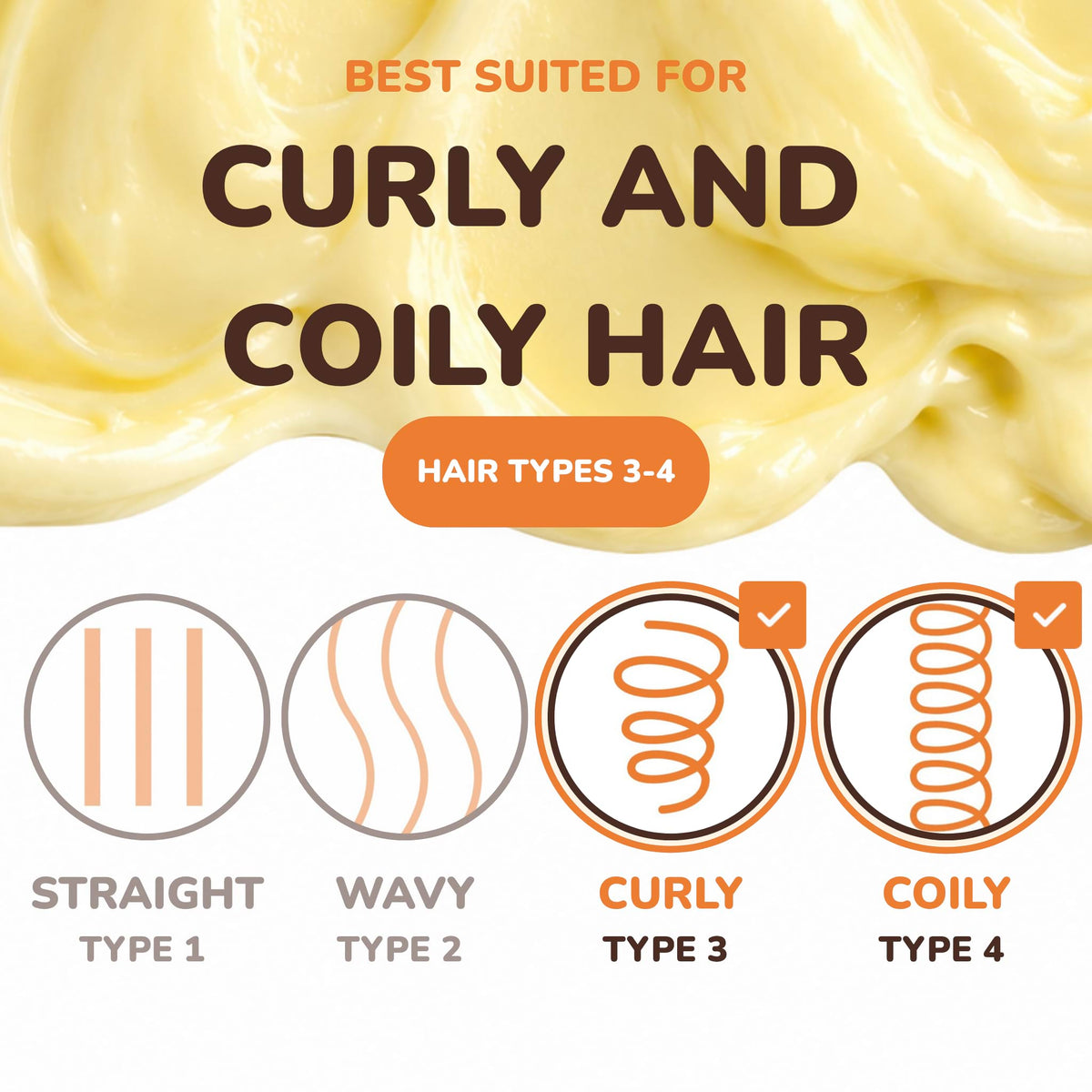 Promotional graphic for a hair product, featuring a creamy yellow cream swirl at the top and text reading 'BEST SUITED FOR CURLY AND COILY HAIR' and 'HAIR TYPES 3-4'. Below, four hair type diagrams labeled Straight Type 1, Wavy Type 2, Curly Type 3, and Coily Type 4 are shown, with Type 3 and 4 marked as suitable.
