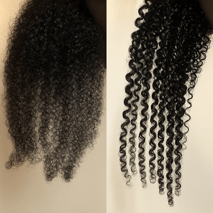 Two types of hair extensions, one curly and one straight, on a beige background.