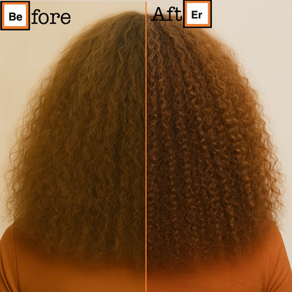 Frizzy to defined curls shown from the back.