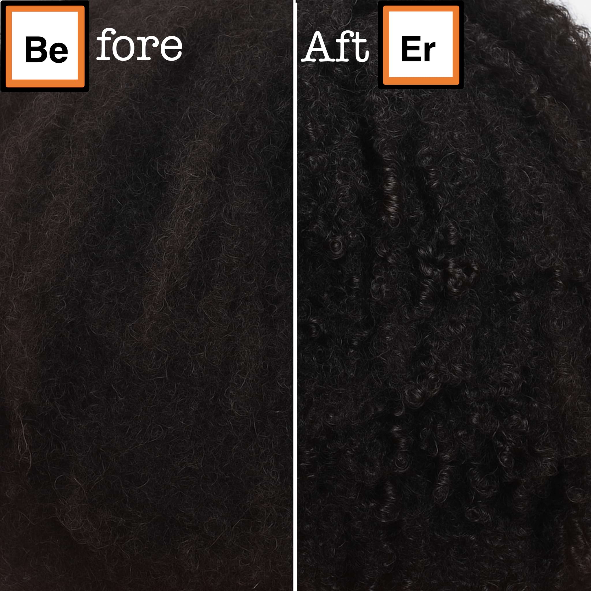 Before and after comparison of textured hair with 'Before' on the left and 'After' on the right.