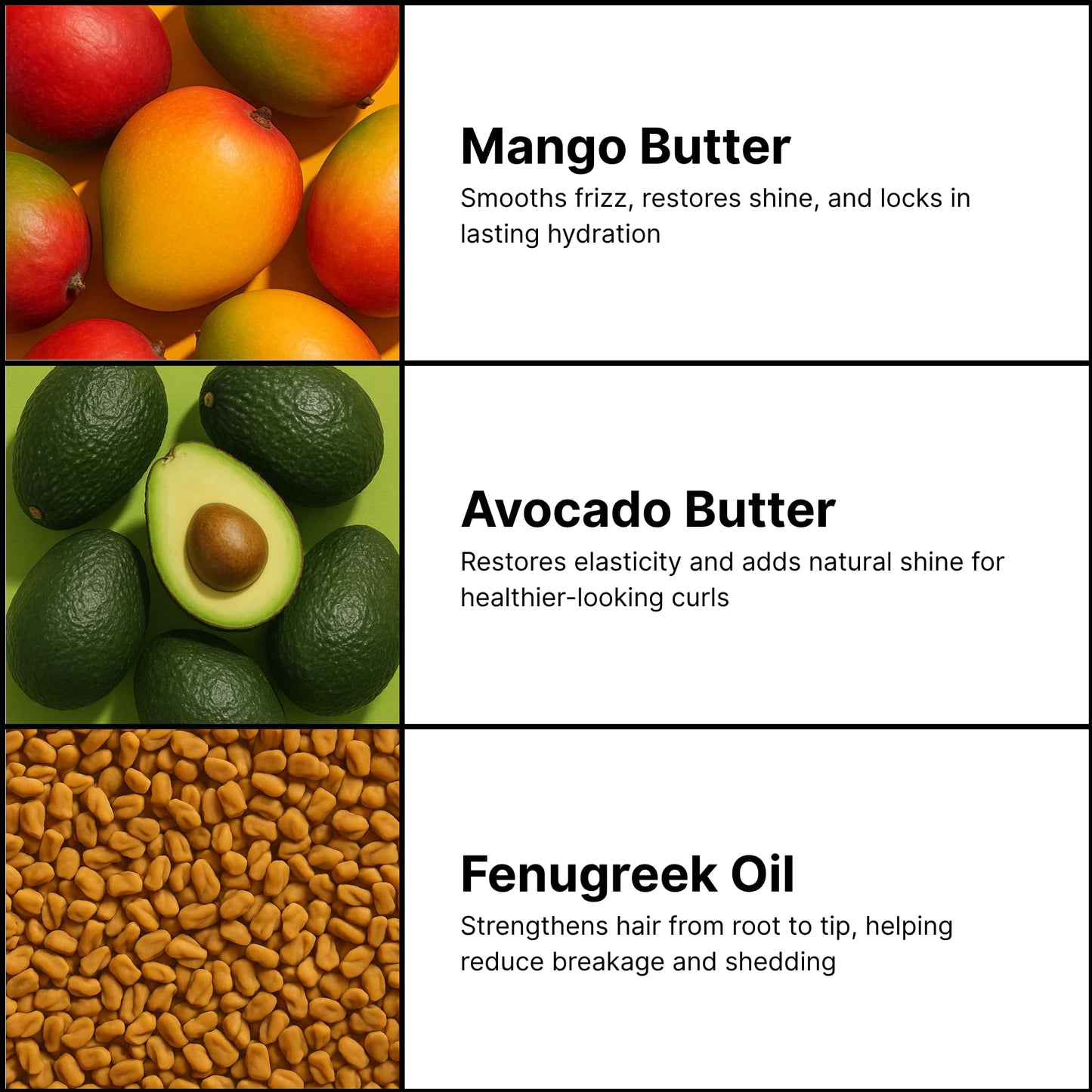 Main Ingredients in the deep conditioner with mangoes, avocados, and fenugreek seeds with text describing their benefits.