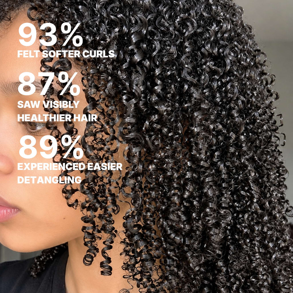 Close-up of a person with voluminous, glossy, tightly curled black hair, with bold white text on the left listing benefits: 93% felt softer curls, 87% saw visibly healthier hair, and 89% experienced easier detangling.