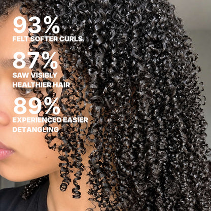 Close-up of a person with voluminous, glossy, tightly curled black hair, with bold white text on the left listing benefits: 93% felt softer curls, 87% saw visibly healthier hair, and 89% experienced easier detangling.