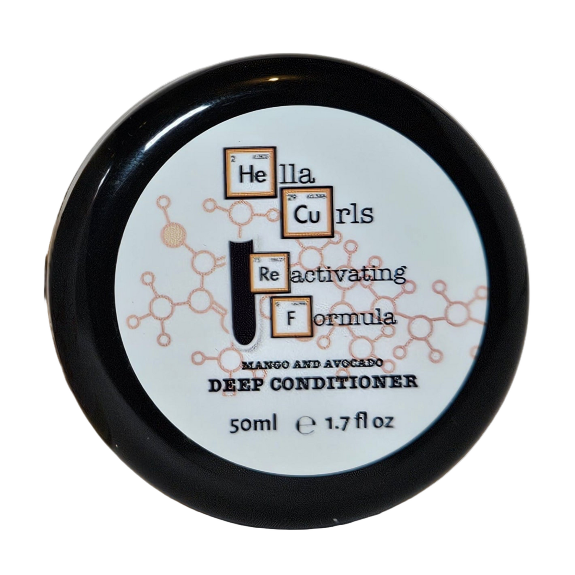 Hella Curls deep conditioner container with black lid on a white background