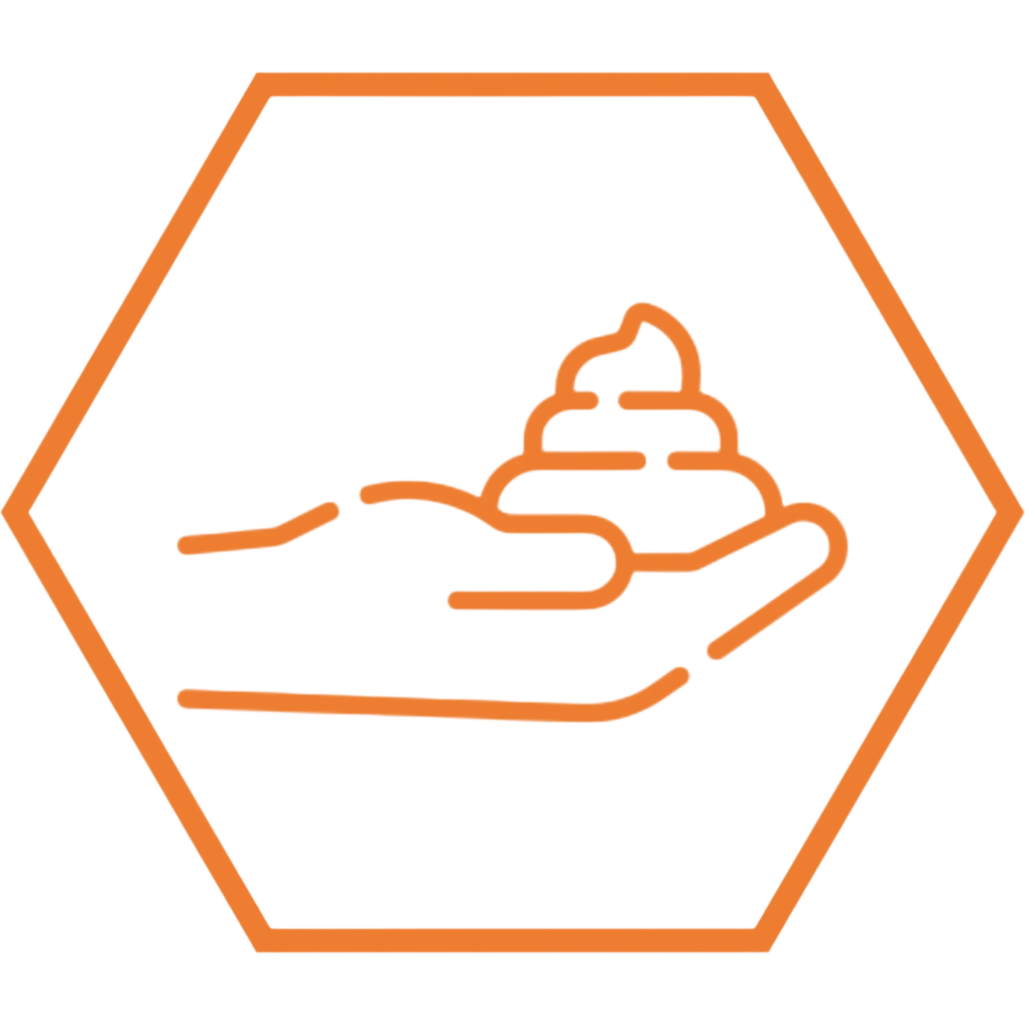 Orange icon of hand holding product inside a hexagon.