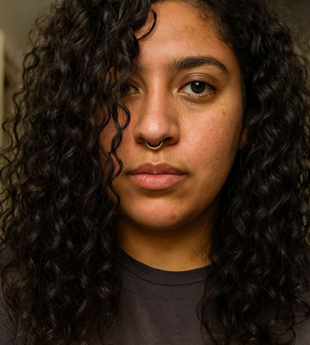 Person with curly hair wearing a nose ring, looking directly at the camera.