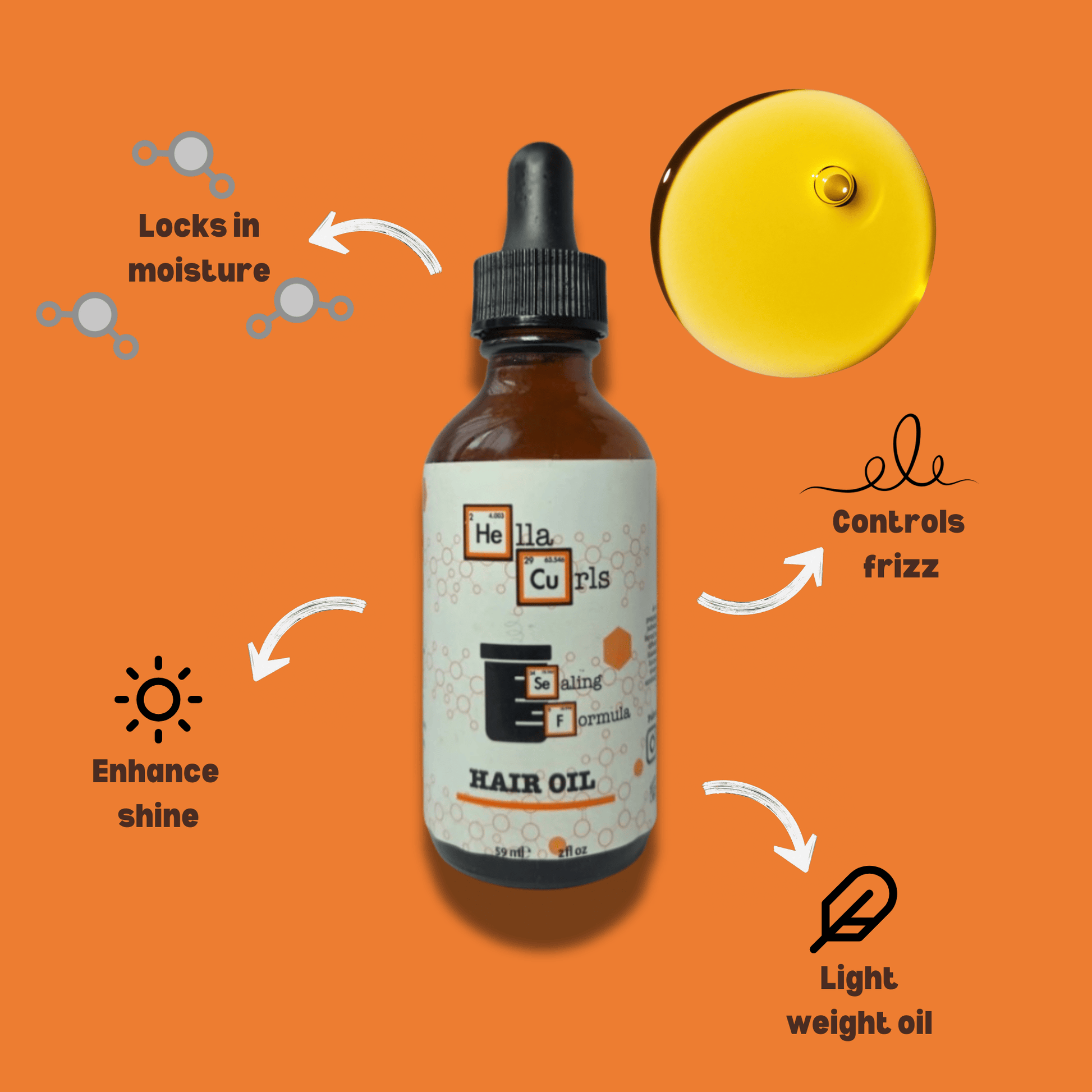 Hella Curls hair oil bottle with features on an orange background