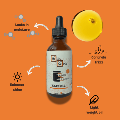 Hella Curls hair oil bottle with features on an orange background