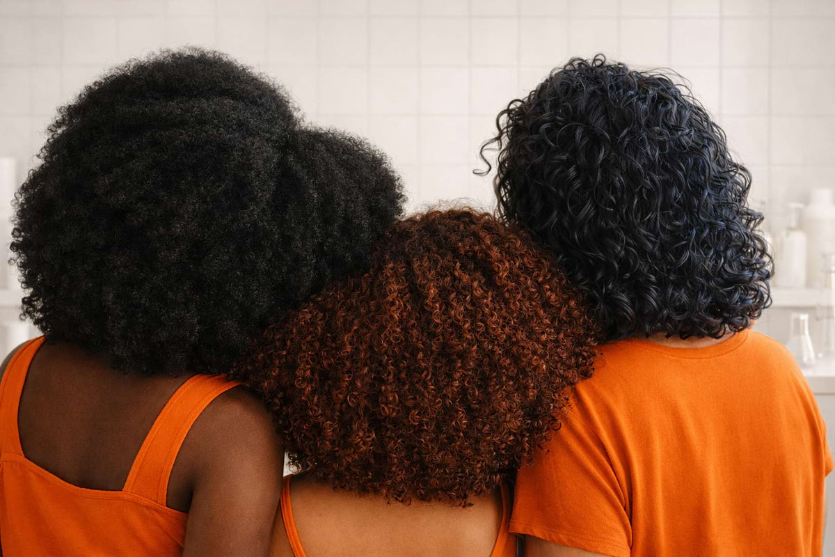Three women with curly hair wearing orange shirts in a kitchen setting.