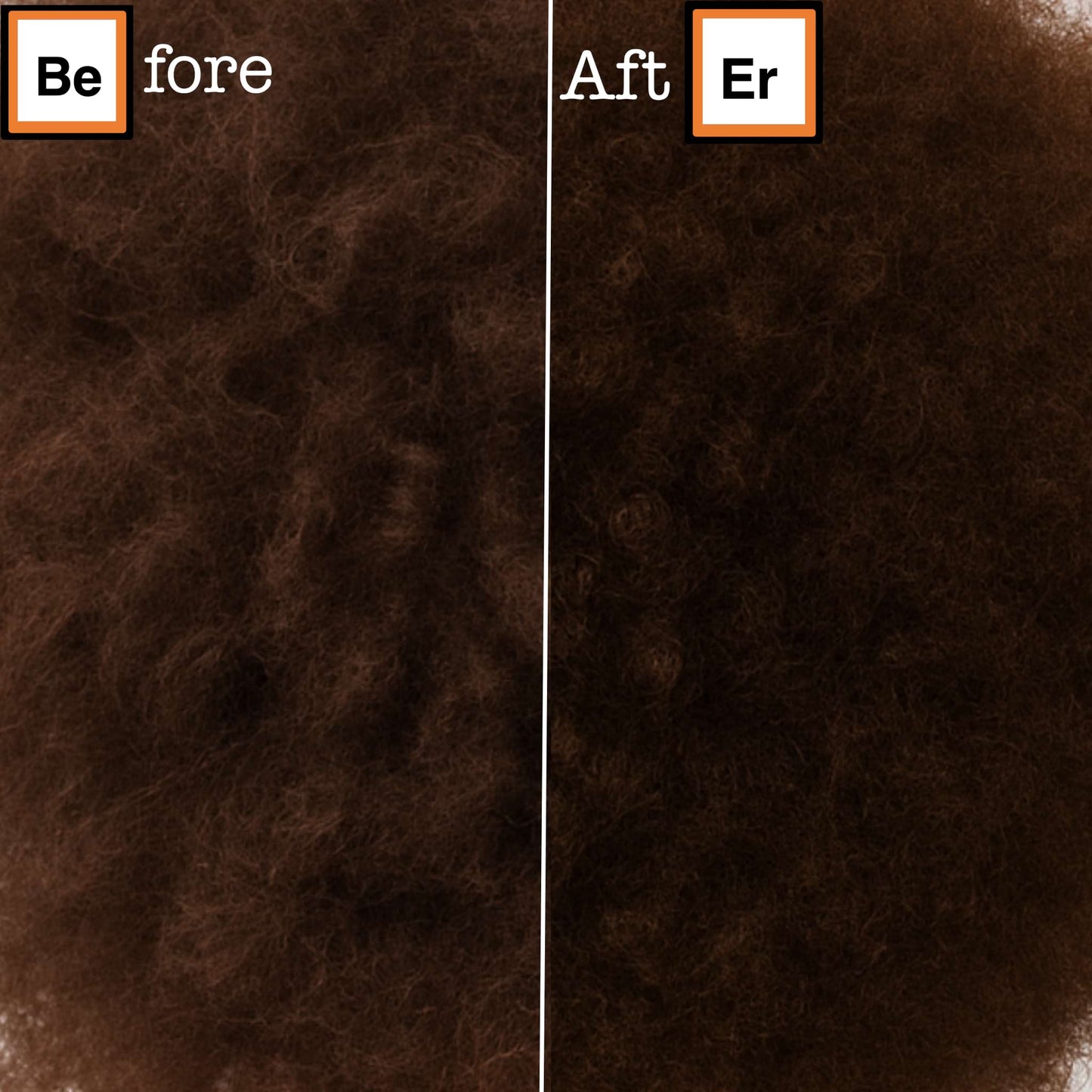 Before and after comparison of brown hair texture with 'Before' and 'After' labels.