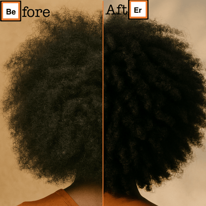 Before and after comparison of textured hair on a person with a neutral background.