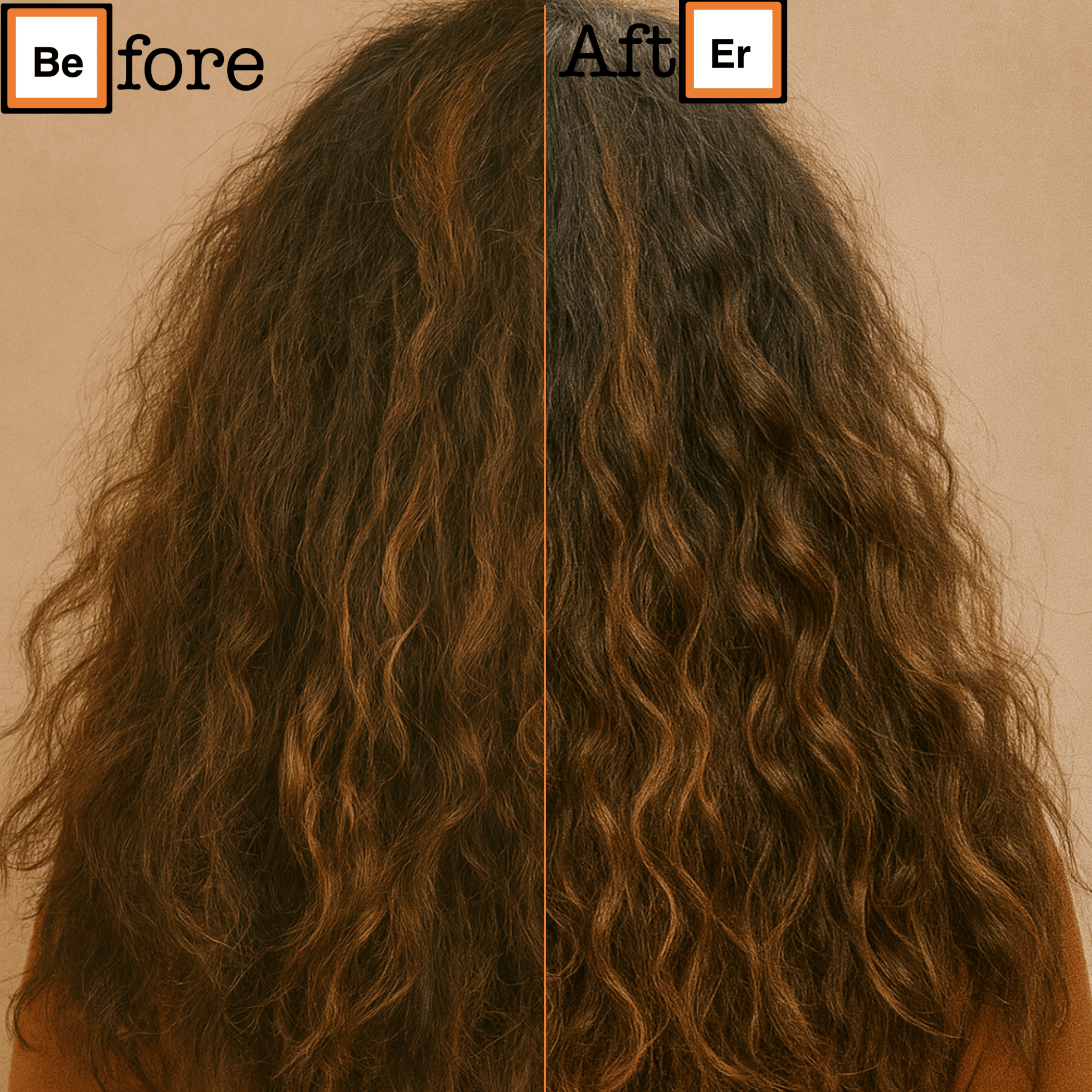 Before and after comparison of wavy hair on a plain background